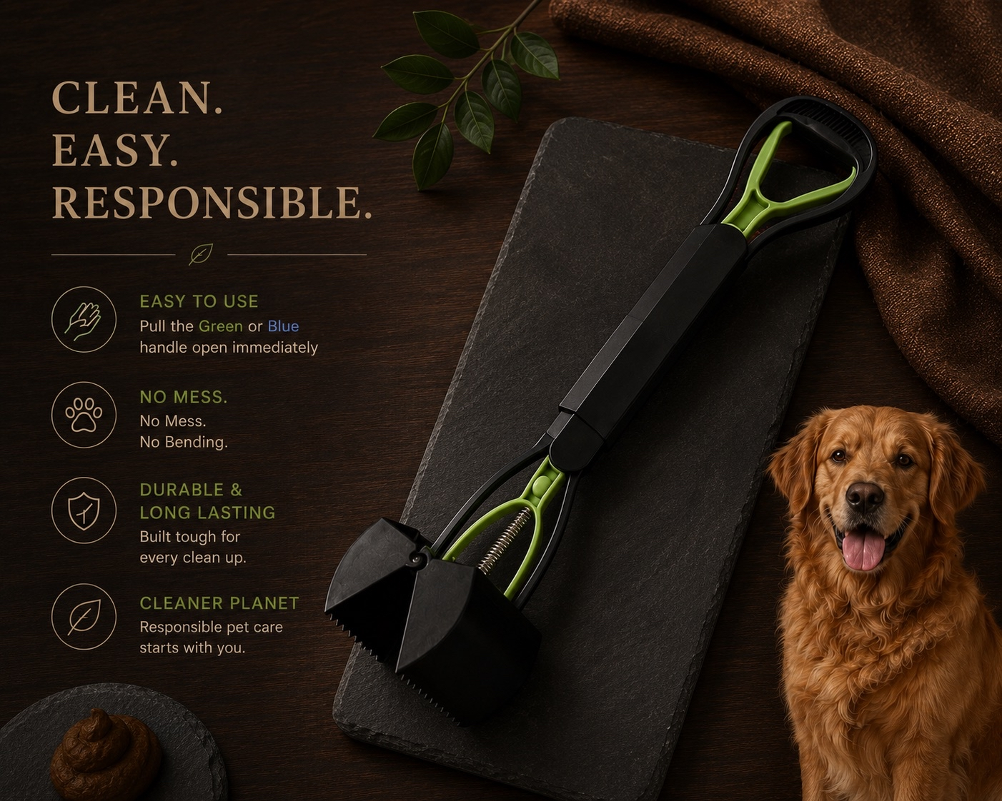 QuickClean Foldable Dog Poop Scooper Long Handle Waste Tool