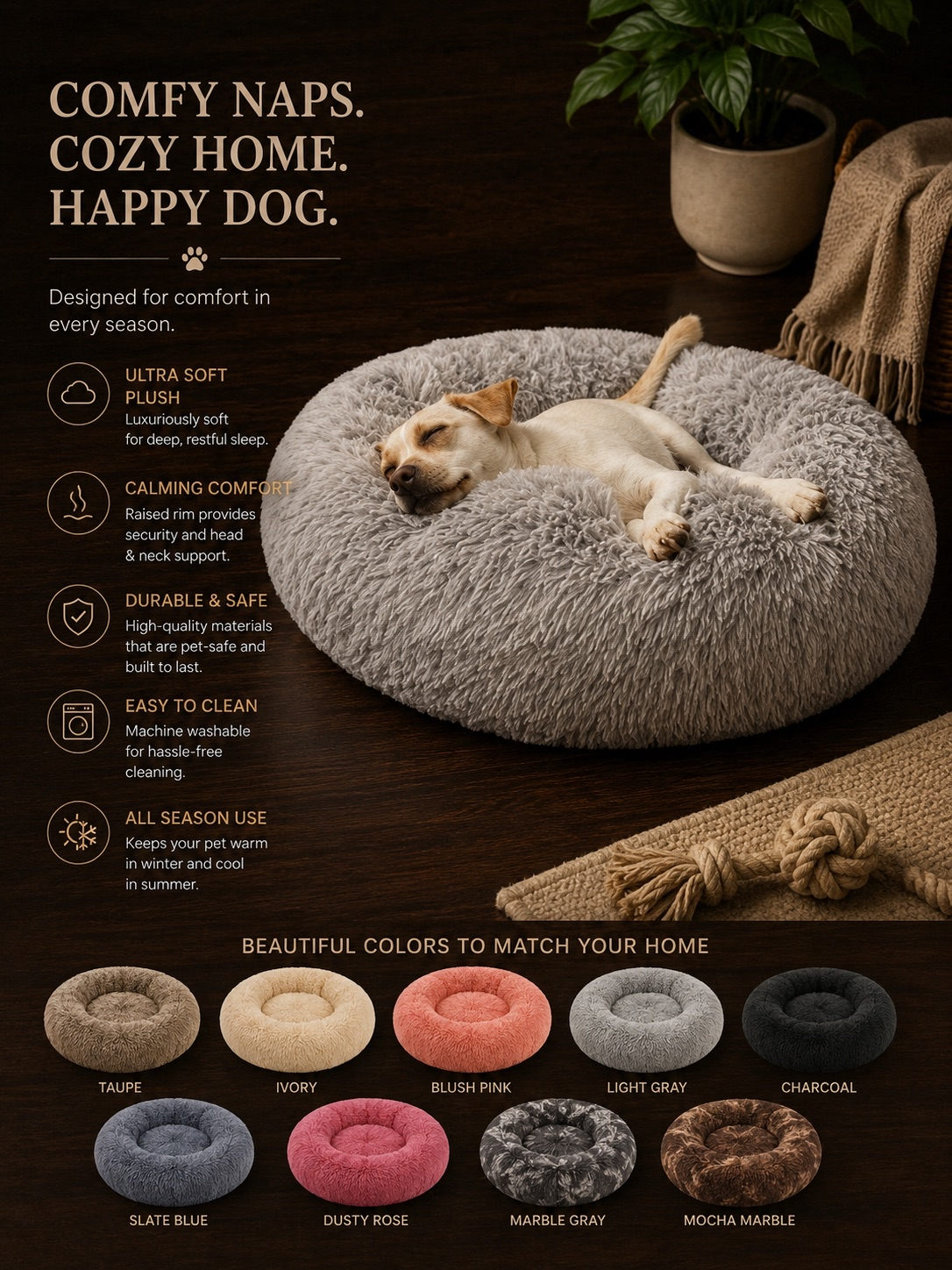SnuggleNest Plush Calming Round Pet Bed for All Seasons