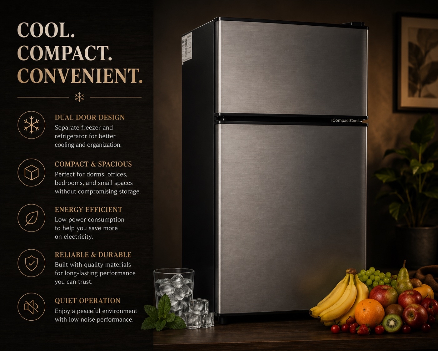 CompactCool Double Door Mini Refrigerator with Freezer