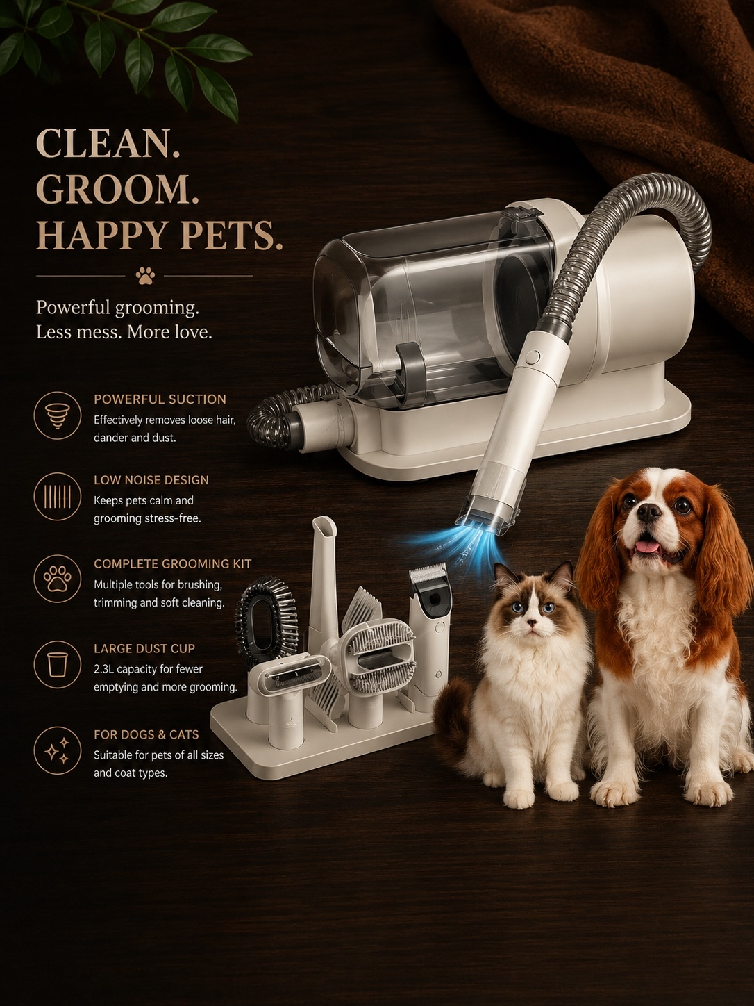 FurFree Pet Grooming Vacuum Kit with 2.3L Dust Cup