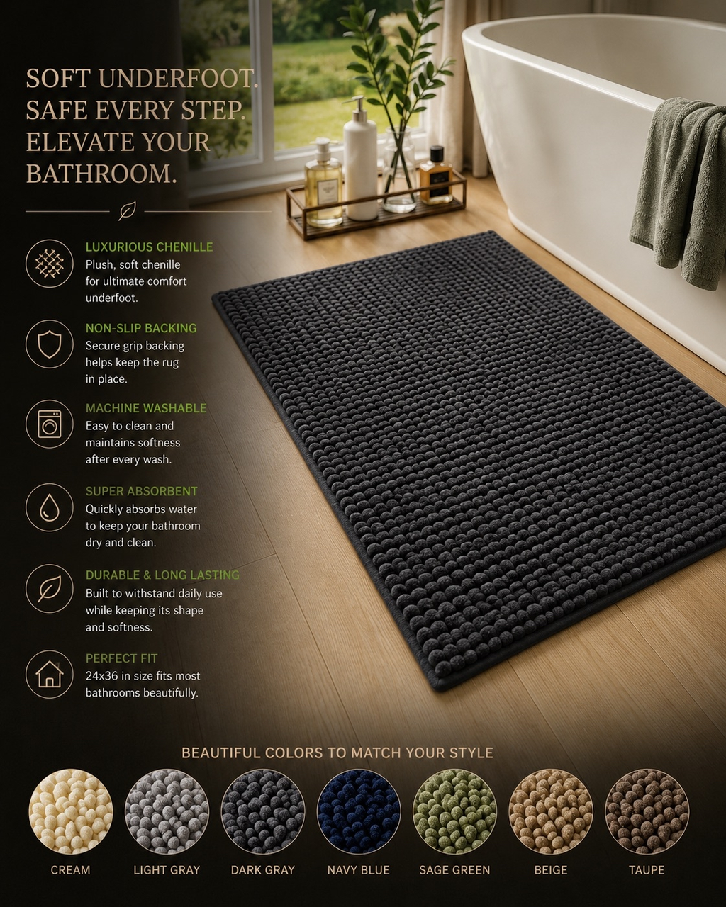 Luxury Non-Slip Chenille Bathroom Rug 24x36 Washable Mat